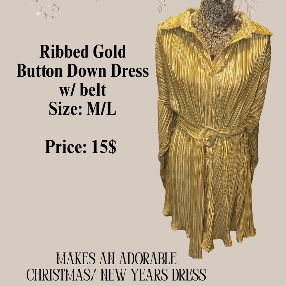 Ribbed Gold Button Down Dress with Belt